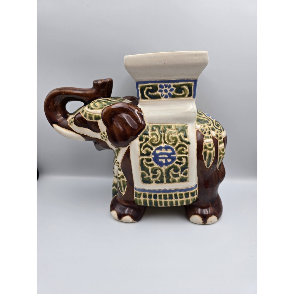 Vintage Ceramic Elephant Planter Pot Holder Decorative statue Brown Green Blue